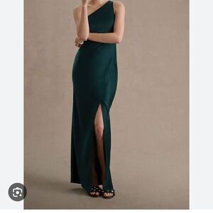BHLDN Dylan One-Shoulder Dark Emerald Satin Side-Slit Gown Maxi Dress Size 6 NWT